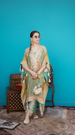 The Boozy Button O Yaara Light Blue Brocade Silk Kaftan Salwar