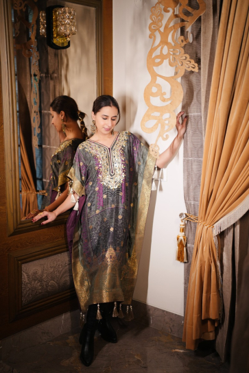 The Boozy Button Shehzadi Grey Brocade Silk Kaftan