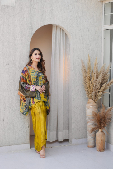 the boozy button So Matcha yellow silk Drape skirt and top