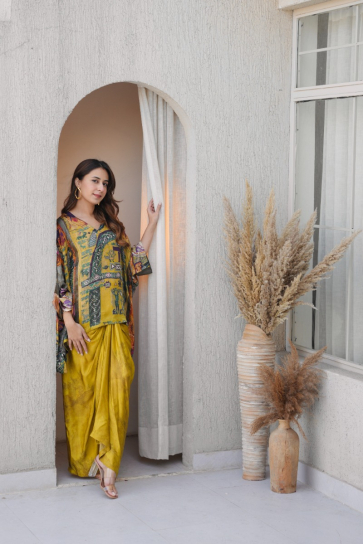 the boozy button So Matcha yellow silk Drape skirt and top Plus Size