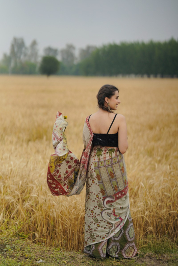 The Boozy Button Sadqay Tumhare Grey Satin Silk Saree