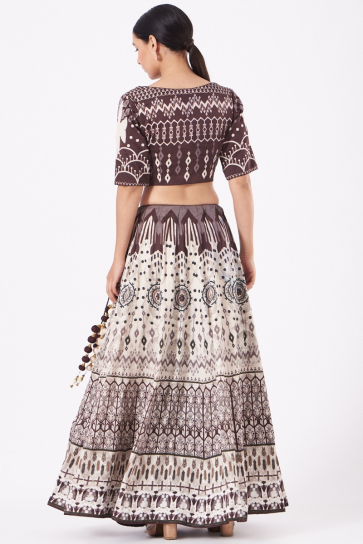 The Boozy Button Ivory & Dark Brown Satin Silk Lehenga Set