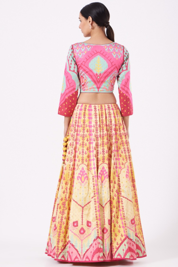 The Boozy Button Yellow & Pink Satin Silk Lehenga Set